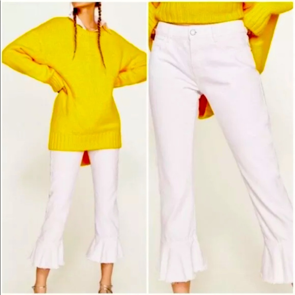 Zara Basic 1975 Women's White Ruffle Hem Cropped Jeans